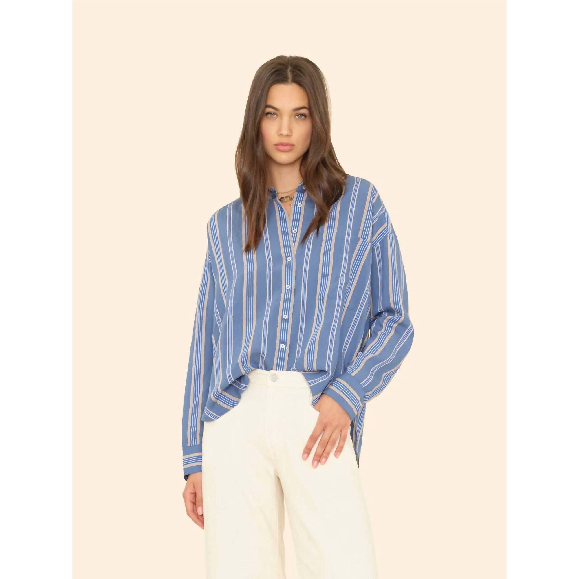 New Xirena Jordy Shirt Top In Navy Blue Stripe